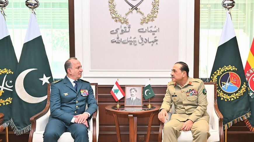 This handout photograph taken and released on June 9, 2026 by Pakistan's Inter-Services Public Relations (ISPR) shows Pakistan's Army Chief and Field Marshal Syed Asim Munir (R) speaking with General Rodolphe Haykal, Commander-in-Chief of the Lebanese Armed Forces during their meeting in Rawalpindi. 