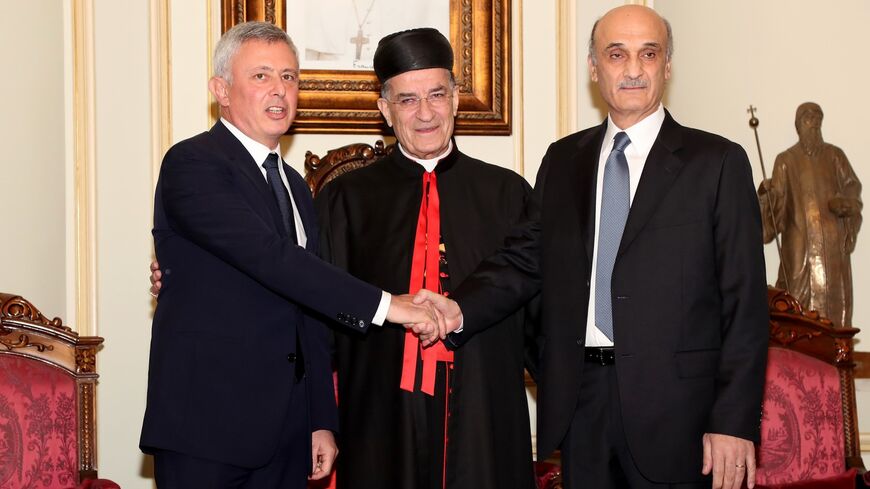Marada Movement leader Suleiman Frangieh (L) meets with Maronite Patriarch Mar Bechara Boutros al-Rahi (C) and Lebanese Forces leader Samir Geagea (R), Bkerke, north of Beirut, Nov. 14, 2018.