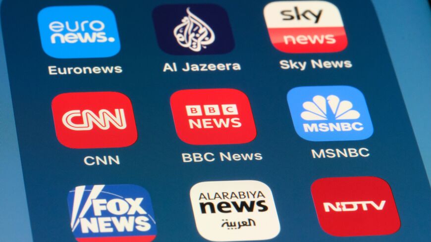 Brand logos for BBC NEWS, CNN, MSNBC, Euronews, Al Jazeera, Sky News, Fox News, Al Arabiya, and NDTV, Nov. 22, 2023.