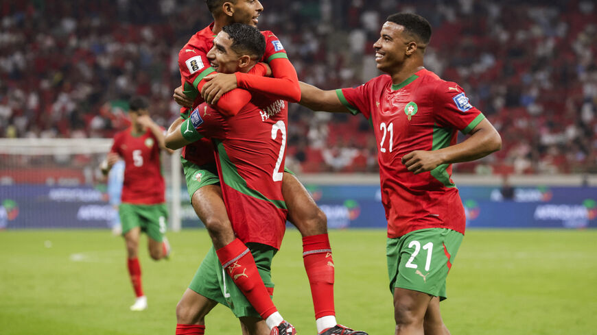 Morocco's midfielder Azzedine Ounahi celebrates scoring with teammates during the FIFA World Cup 2026 Group E African qualification football match between Morocco and Niger at the Prince Moulay Abdellah Sports Complex in Rabat on September 5, 2025. (Photo by Abdel Majid BZIOUAT / AFP)