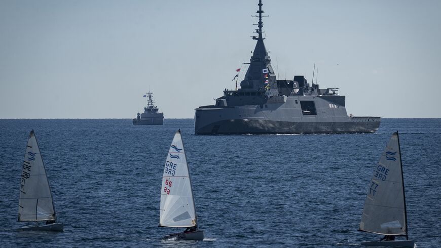 This photograph shows Kimom, the first of four modern French Defense and Intervention Frigate, part of Greece's major military modernization program, sailing upon its arrival in the Saronic Gulf, near Athens on Jan. 15, 2026.