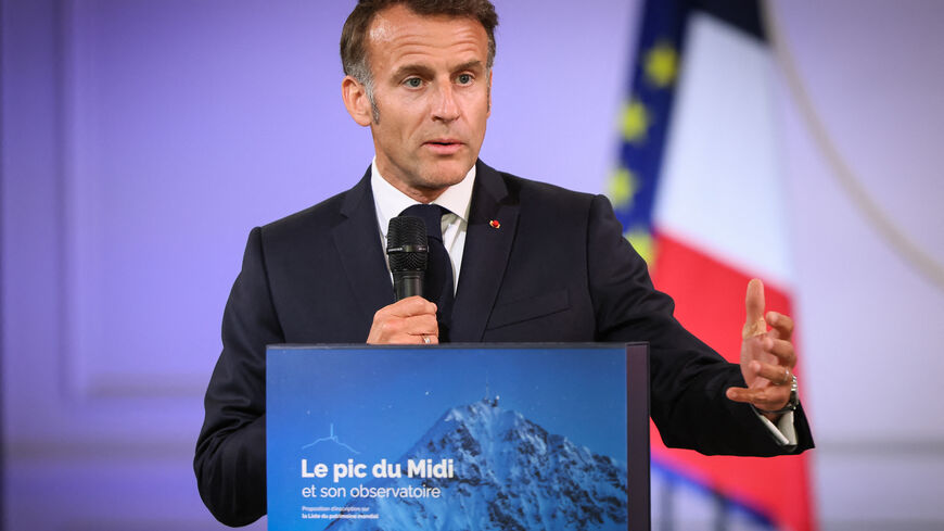 France's President Emmanuel Macron delivers a speech after receiving the Pic du Midi nomination file for inscription on the UNESCO World Heritage List from officials of the Occitanie region at the Elysee Presidential Palace in Paris on June 9, 2026. (Photo by Thomas Padilla / POOL / AFP via Getty Images)