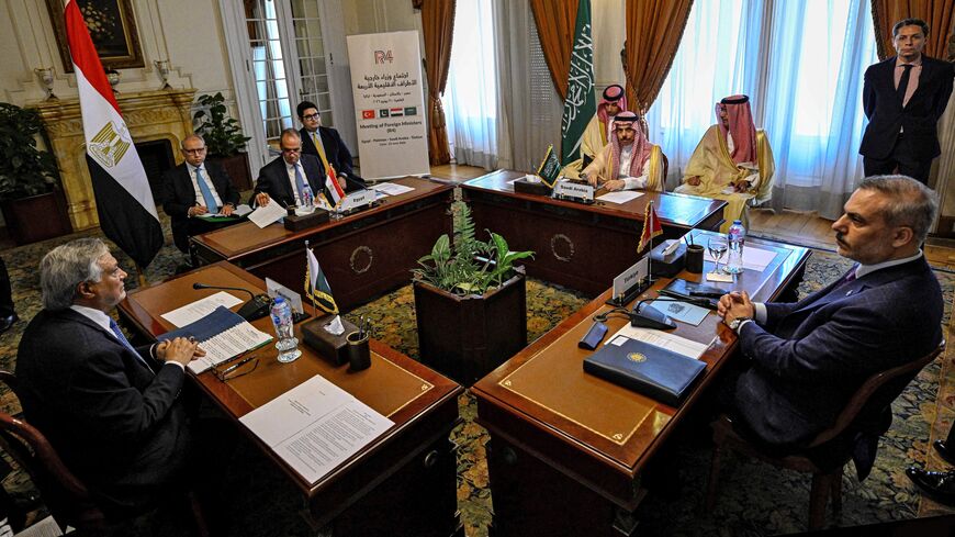 From (L-R) Pakistani Foreign Minister Ishaq Dar, Egyptian Foreign Minister Badr Abdelatty, Saudi Foreign Minister Faisal bin Farhan and Turkish Foreign Minister Hakan Fidan attend a meeting in Cairo on June 21, 2026. 