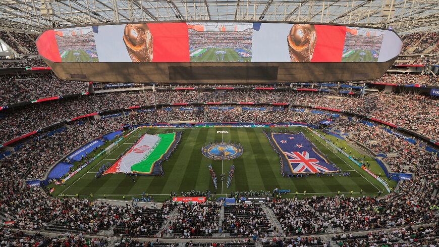 Iran and New Zealand flags are displayed ahead of the 2026 World Cup G match between Iran and New Zealand at Los Angeles Stadium 