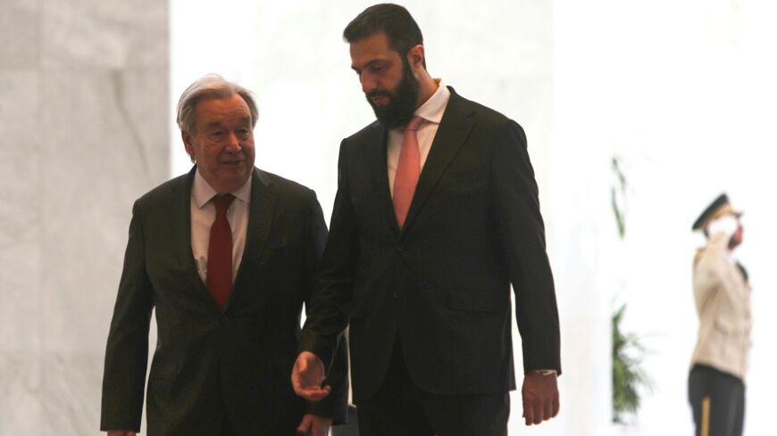 Syria's President Ahmed al-Sharaa receives UN Secretary-General Antonio Guterres at the People's Palace in Damascus