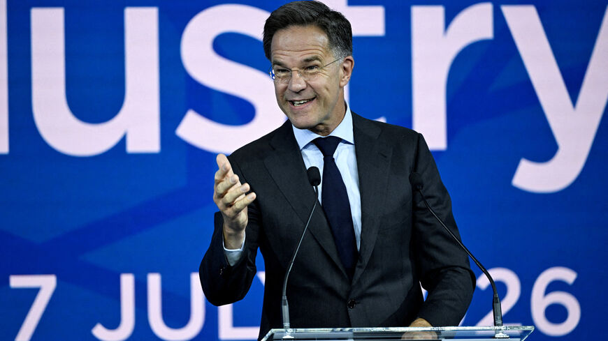 NATO Secretary General Mark Rutte speaks during the NATO Summit Defence Industry Forum as NATO prepares to officially select the Swedish Saab GlobalEye surveillance platform during the Summit in Ankara, Turkey, July 7, 2026.  Lehtikuva/Emmi Korhonen via REUTERS