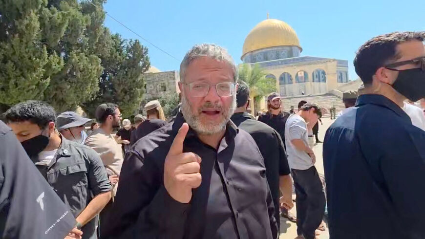 Israel's National Security Minister Itamar Ben-Gvir visits the Al-Aqsa Mosque, during the holy day Tisha B'Av, a day of fasting and lament, that commemorates the date in the Jewish calendar on which it is believed the First and Second Temples were destroyed, in Jerusalem's Old City,  July 23, 2026 in this still image obtained from handout video. Itamar Ben Gvir via Telegram/via REUTERS