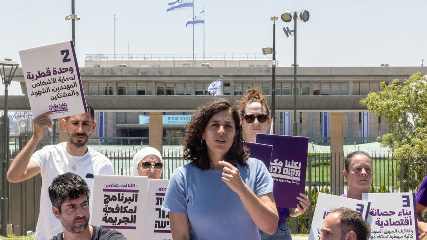 Rula Daood, co-chair of the new Arab-Jewish party "A Place For Us All", speaks at a press conference attended by members of the Standing Together movement and bereaved families of Israel's Arab community, by the Knesset, Israel's Parliament, in Jerusalem, July 13, 2026. REUTERS/Nir Elias