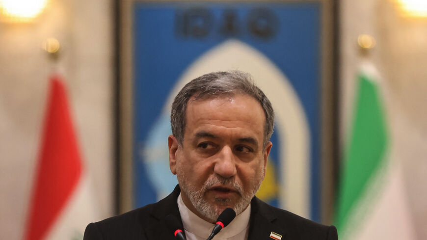 Iranian Foreign Minister Abbas Araghchi speaks during a joint press conference with his Iraqi counterpart following a meeting in Baghdad on June 28, 2026. 