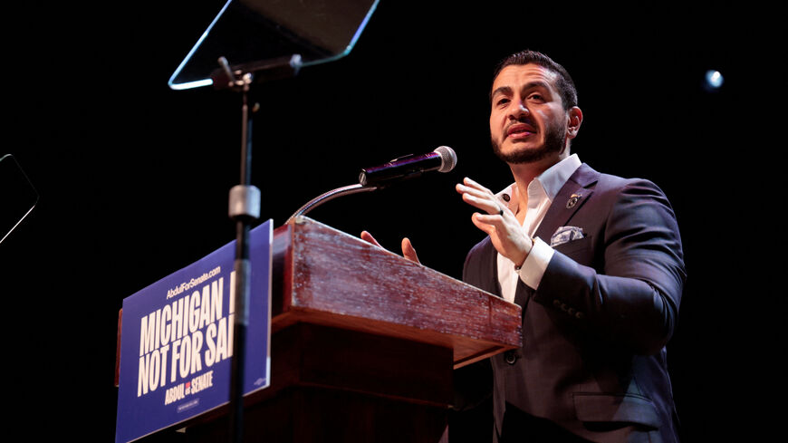 U.S. Senate Democratic candidate Abdul El-Sayed speaks on stage, with vote counting continuing for Michigan's Democratic U.S. Senate primary, during an election night rally in Detroit, Michigan, U.S., August 5, 2026. REUTERS/Rebecca Cook