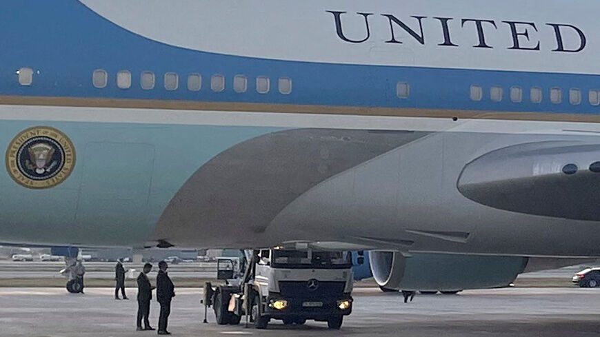 A catering truck is parked next to Air Force One, before U.S. President Donald Trump's departure from Ankara en route to Washington after his participation in the NATO leaders' summit, at Ankara Esenboga Airport in Ankara, Turkey, July 8, 2026. REUTERS/ABC-TV/Pool