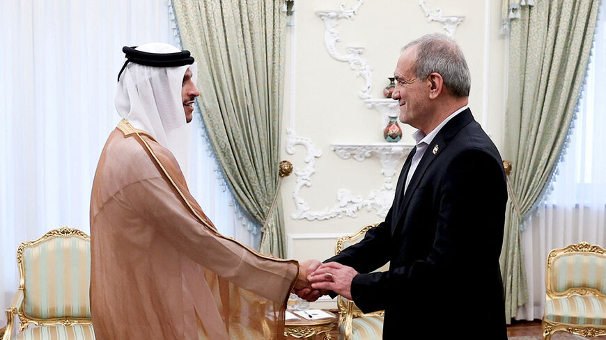 Iranian President Masoud Pezeshkian meets with Qatari Prime Minister and Foreign Minister Mohammed bin Abdulrahman Al Thani, in Tehran, Iran, August 27, 2026. Iran's Presidential website/Handout via REUTERS