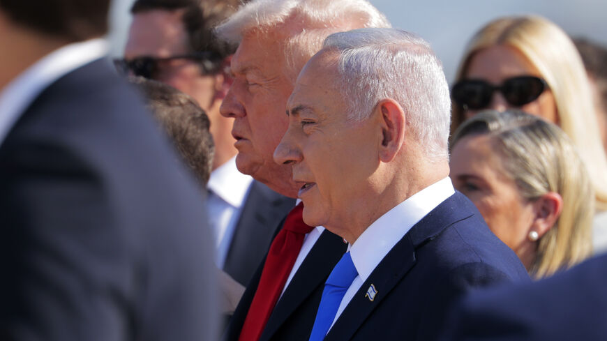 US President Donald Trump (C) is welcomed by Israeli Prime Minister Benjamin Netanyahu at Ben Gurion International Airport on Oct. 13, 2025 in Tel Aviv, Israel. 