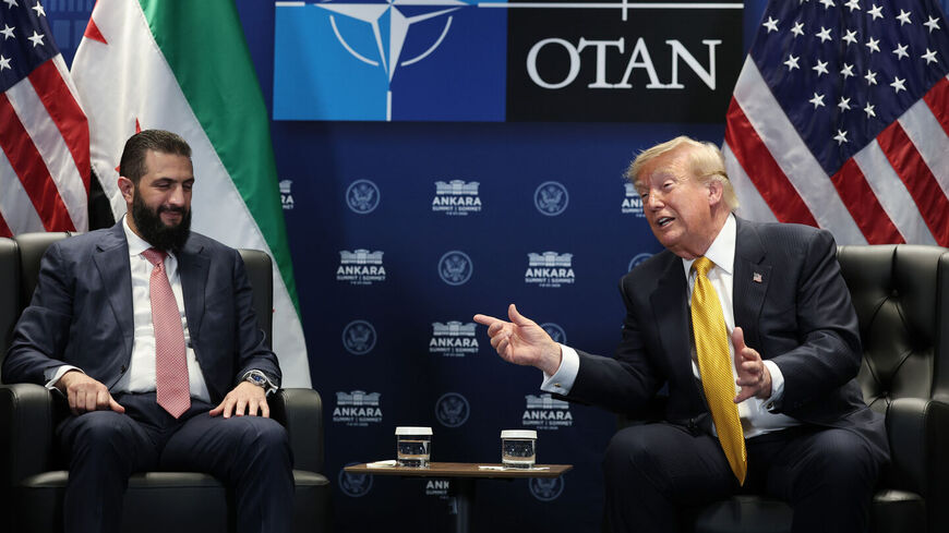 US President Donald Trump (R) meets with Syrian President Ahmed al-Sharaa (L) for bilateral talks at Bestepe Presidential Compound during the NATO Summit on July 8, 2026, in Ankara, Turkey. — Win McNamee/Getty Images