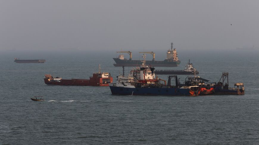 Ships are anchored in the Strait of Hormuz on Aug. 10, 2026, off the coast of Bandar Abbas, Iran. 