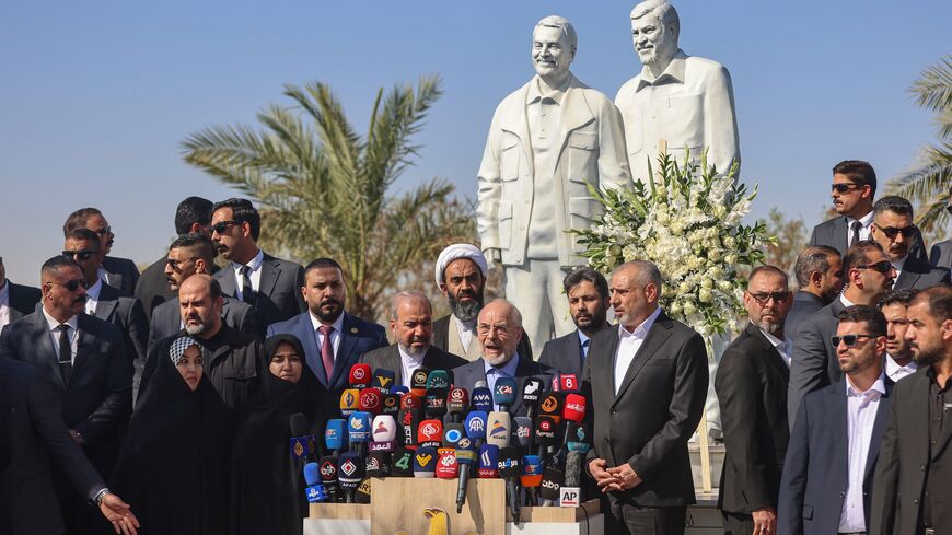 Iranian parliament speaker Mohammad Bagher Ghalibaf speaks during a press conference at the site where Qasem Soleimani, commander of the Quds Force of Iran's Islamic Revolutionary Guard Corps, was killed by a US airstrike in 2020 near the airport upon his arrival in Baghdad, on Aug. 19, 2026.
