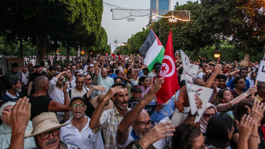 Members and supporters of the Nafas movement take part in an anti-government protest against Tunisian President Kais Saied, chanting "Degage" and calling for political change, in Tunis,Tunisia on August 20,2026. (Photo by Imen Ben Youssef / Hans Lucas / AFP via Getty Images)