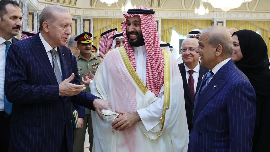 Turkish President Recep Tayyip Erdogan, Saudi Crown Prince Mohammed bin Salman, and Pakistani Prime Minister Shebaz Sharif in Mecca after signing the defense pact, Aug. 7, 2026.