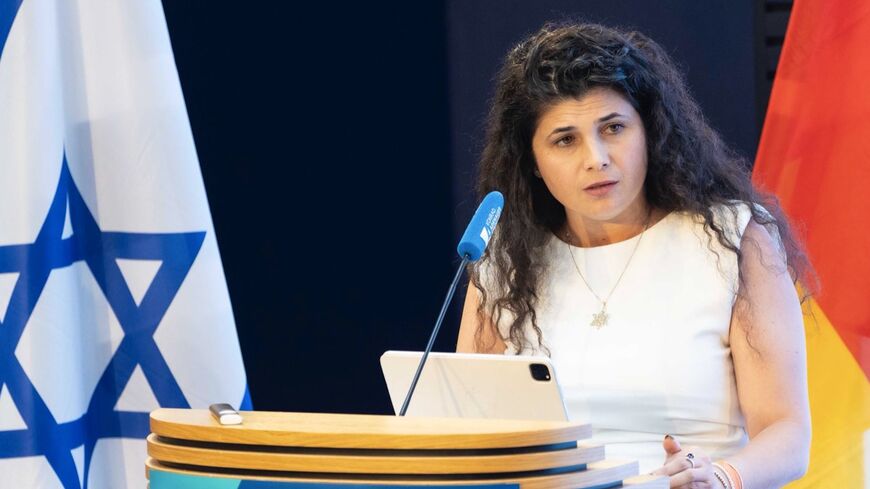 Sharren Haskel speaks at an event marking 60 years of diplomatic ties between Germany and Israel hosted by the Konrad Adenauer Foundation in Berlin, Oct. 16, 2025.