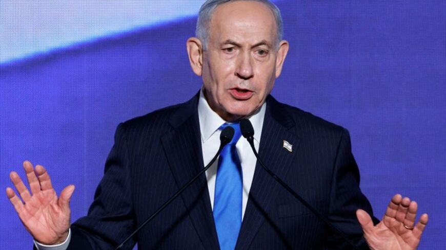 Israeli Prime Minister Netanyahu attends a toast-raising event hosted by his Likud party, in Tel Aviv