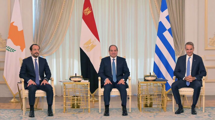Egyptian President Abdel Fattah al-Sisi (c) held talks with Cypriot President Nikos Christodoulides (l) and Greek Prime Minister Kyriakos Mitsotakis (r) in Cairo, Egypt, Sept. 8, 2026.
