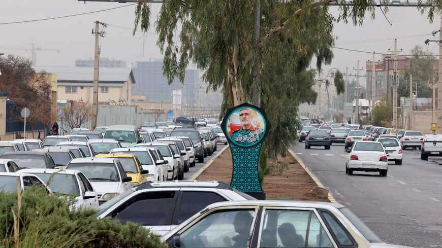 A picture of Brig. Gen. Amir Ali Hajizadeh, who was killed during Israeli strikes on Tehran in June, is displayed Zahedan, the capital of the southeastern province of Sistan-Baluchistan, during a media tour organized by the Iranian government on Dec. 18, 2025. 