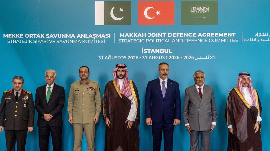 Turkish Foreign Minister Hakan Fidan (3rd R) with Saudi Foreign Minister Faisal bin Farhan Al-Saud (R) and Pakistan Foreign Minister Ishaq Dar (2nd R), Saudi Defense Minister Prince Khalid bin Salman (C), Turkish Chief of the General Staff General Selcuk Bayraktaroglu (L), Pakistani Defence Minister Khawaja Muhammad Asif (2nd R), Pakistani Chief of Defence Forces and Chief of Army Staff Field Marshal Asim Munir (3rd R) at the first meeting of the Strategic Political and Defence Committee in relation to the 