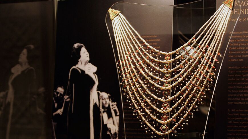 A pearl necklace once owned by Egyptian diva Umm Kulthum (1904-1975) is seen on display at Christie's auction house in the Gulf emirate of Dubai on April 23, 2008. (KARIM SAHIB/AFP via Getty Images)