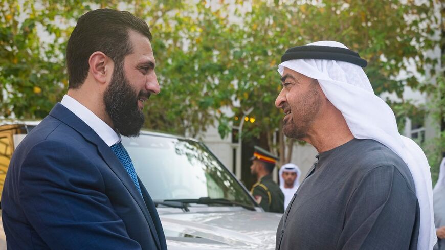 Syrian President Ahmed al-Sharaa meets with the President of the United Arab Emirates, Sheikh Mohammed bin Zayed Al Nahyan, in the UAE capital, Abu Dhabi, Sept. 15, 2026.
