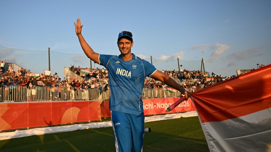 India's Shivam Dube acknowledges the crowd as India celebrate their victory