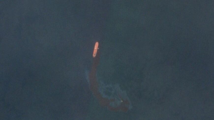 A satellite image shows an oil spill off the coast of Umm Al Quwain