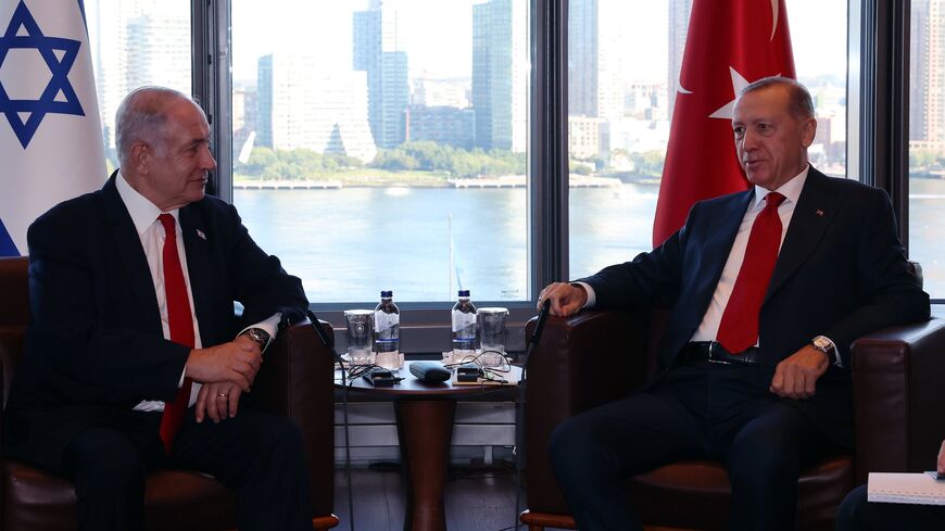 Turkish President Recep Tayyip Erdogan receives Israeli Prime Minister Benjamin Netanyahu at the Turkish House in New York, on Sept. 19, 2023. 