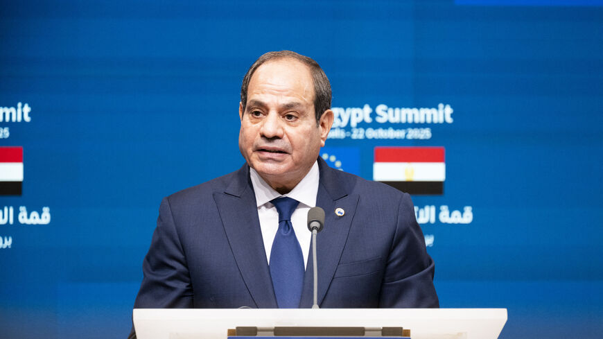 Egyptian President Abdel Fattah al-Sisi attends a joint statements and agreements during the EU and Egypt summit in Brussels, on Oct. 22, 2025.