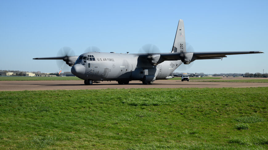 A Lockheed Martin C-130J-30 Hercules taxis before take-off from RAF Fairford on March 18, 2026 in Fairford, England.