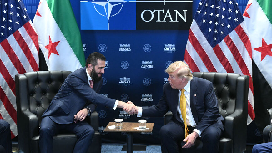 US President Donald Trump meets Syrian President Ahmed al-Sharaa (L) on the sidelines of the NATO Summit at Bestepe Presidential Compound in Ankara, on July 8, 2026. 