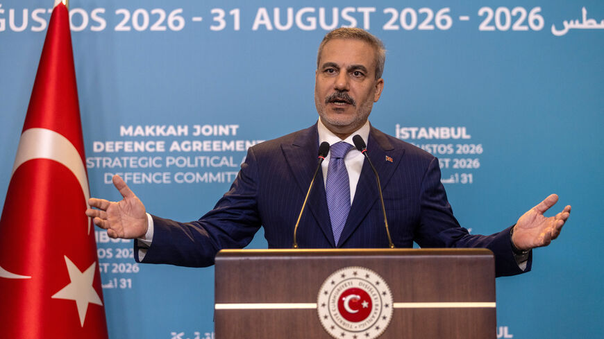 Turkey's Foreign Minister Hakan Fidan attends a press conference following the first meeting of the Strategic Political and Defense Committee in relation to the "Makkah Joint Defense Agreement." on Aug. 31, 2026 in Istanbul, Turkey.