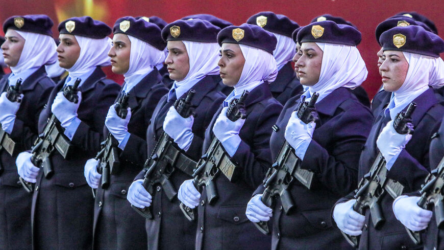 New female cadets from the new women's police academy attend the first cohort graduation ceremony after completing a six-month training program, in al-Tal on the northern outskirts of Damascus, on Sept. 22, 2026.