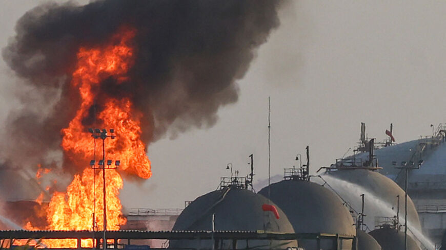 Flames burn at a facility belonging to Saudi oil giant Aramco south of Riyadh on October 3, 2026. (AFP via Getty Images) 