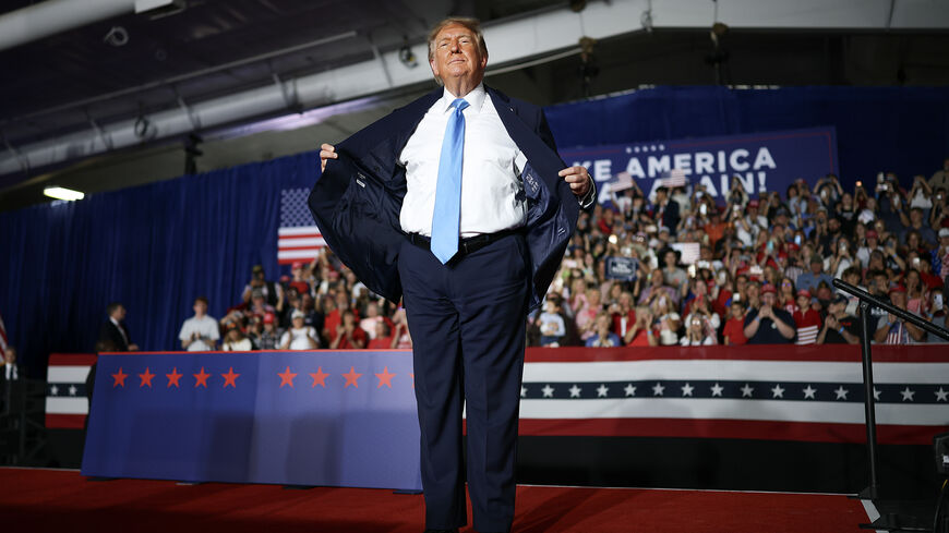GRAND ISLAND, NEBRASKA - OCTOBER 05: U.S. President Donald Trump wraps up an appearance at a campaign rally at Pinnacle Bank Expo Center on the Nebraska State Fairgrounds on October 05, 2026 in Grand Island, Nebraska. Trump is campaigning for incumbent U.S. Sen. Pete Ricketts (R-NE) and Gov. Jim Pillen ahead of the November midterm elections. (Photo by Win McNamee/Getty Images)