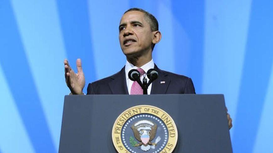 U.S. President Barack Obama delivers remarks to AIPAC's annual policy conference in Washington, March 4, 2012. Obama's remarks to the influential pro-Israel lobby kick off an important week in the U.S.-Israel relationship as Obama will meet Monday with Israeli Prime Minister Benjamin Netanyahu amid heightened concern that Israel might attack Iran to thwart its nuclear program.  REUTERS/Jonathan Ernst (UNITED STATES - Tags: POLITICS)