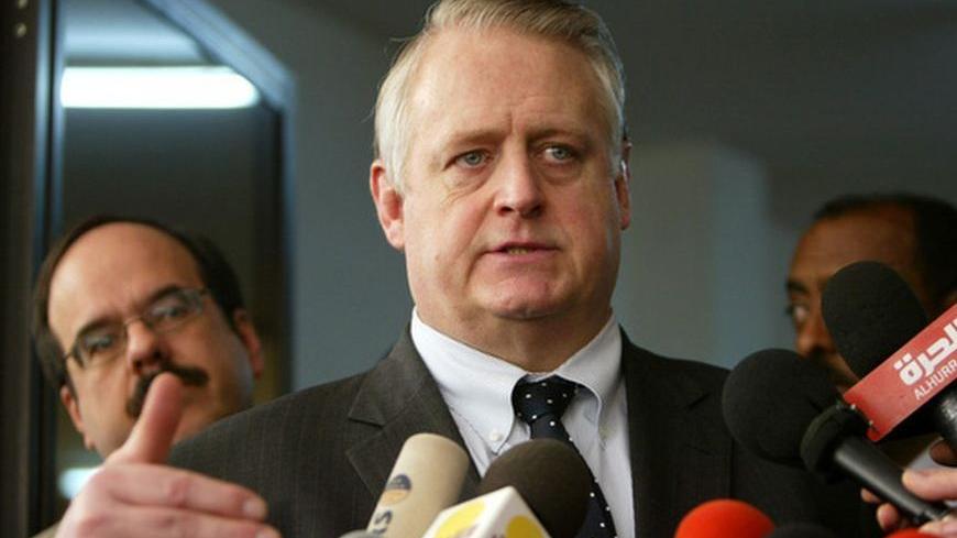 US special envoy for Sudan Richard Williamson speaks to journalists in Khartoum, February 25, 2008. Sudan expects to normalise relations with Washington within 4-6 months after more than a decade under U.S. sanctions, the Sudanese foreign minister said on Monday following talks with the visiting new American envoy. REUTERS/Mohamed Nureldin (SUDAN)
