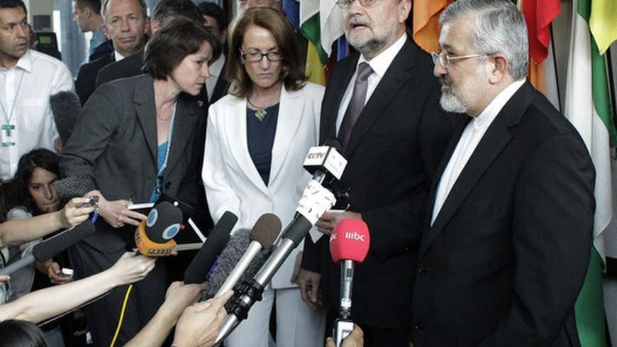 Laura Rockwood, International Atomic Energy Agency (IAEA) legal officer, Herman Nackaerts IAEA Deputy Director General and Head of the Department of Safeguards, and Iran's IAEA ambassador Ali Asghar Soltanieh (centre L-R) brief the media ast they attend a news conference after talks at the U.N. headquarters in Vienna June 8, 2012. The U.N. nuclear watchdog and Iran began a new round of talks on Friday in an attempt to seal a framework deal to resume a long-stalled probe into suspected nuclear weapon researc