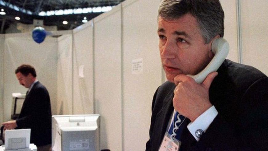United States Republican Senator Chuck Hagel of Nebraska, leading an American observer group at the U.N. conference on global warming, confers on the phone with Senator Robert C. Byrd (D-West Virginia) from a working lounge at the Kyoto International Conference Hall December 10. It is hoped that an agreement can be reached among the 160 nations participating in the talks, on this final day on how to reduce greenhouse gas emissions into the next century.

ENVIRONMENT KYOTO