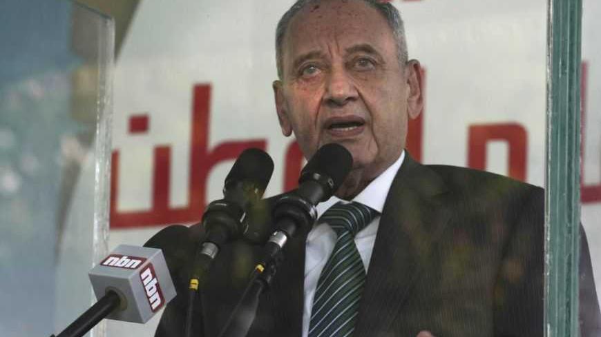 Lebanon's House Speaker Nabih Berri speaks during a rally organized by members of the Amal movement to mark the 33rd anniversary of the disappearance of Imam Musa al-Sadr, who was the founder and leader of the Amal movement in Lebanon, in Baalbeck, in the Bekaa valley August 31, 2011.  Sadr, the founder of the Shi'ite Amal movement, disappeared with his two companions on a visit to Libya in 1978. REUTERS/ Ahmad Shalha (LEBANON - Tags: POLITICS CIVIL UNREST)