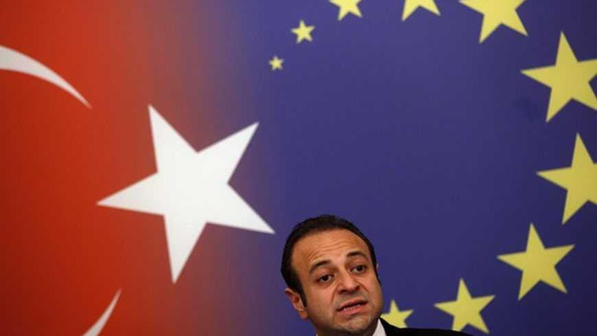 Turkey's European Union Minister Egemen Bagis speaks during a news conference in Istanbul October 12, 2011. European Union candidate Turkey's only goal in talks with the bloc is full membership and no other options are acceptable, Turkish EU Minister Egemen Bagis told a news conference on Wednesday after the release of the latest EU progress report. The Commission urged the European Union to continue talks with Turkey but said no progress was achieved in the last year, adding that it was concerned about ten