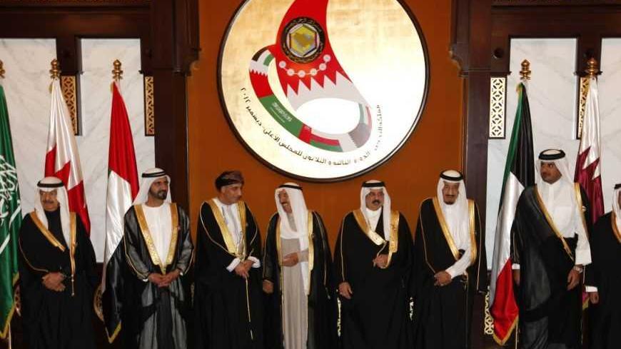 Dignitaries pose for a group photo prior to the start of the Gulf Cooperation Council (GCC) Summit at Sakhir Palace in Sakhir south of Manama, Bahrain, December 24, 2012. (From L-R) Bahrain's Prime Minister Prince Khalifa bin Salman al-Khalifa, Emirates' Vice President Sheikh Mohammed bin Rashid al-Maqtoom, Deputy Premier of Omani Cabinet Affairs Fahd Bin Humoud Al Saieed, Emir of Kuwait Sheikh Sabah al Ahmed, King of Bahrain Hamad bin Isa al Khalifa, Saudi Crown Prince Salman al Saud, Qatari Crown Prince S