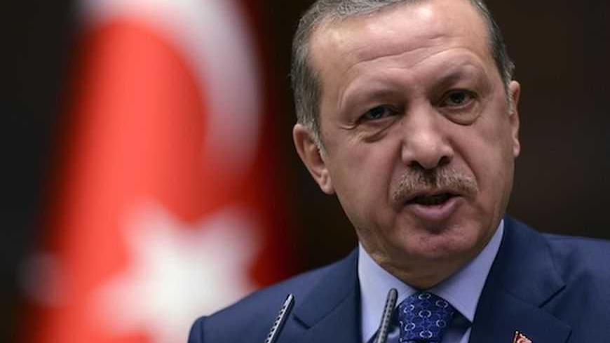 Turkey's Prime Minister Tayyip Erdogan addresses members of parliament from his ruling AK Party (AKP) during a meeting at the Turkish parliament in Ankara February 12, 2013. REUTERS/Stringer (TURKEY - Tags: POLITICS HEADSHOT) - RTR3DOGB