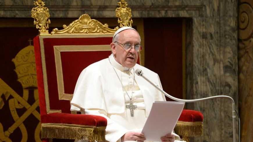 Newly elected Pope Francis I, Cardinal Jorge Mario Bergoglio of Argentina, meets cardinals in the Clementine Hall in a picture released by Osservatore Romano at the Vatican March 15, 2013. Pope Francis on Friday urged leaders of a Roman Catholic Church riven by scandal and crisis never to give in to discouragement, bitterness or pessimism but to keep focused on their mission. REUTERS/Osservatore Romano (VATICAN - Tags: RELIGION) FOR EDITORIAL USE ONLY. NOT FOR SALE FOR MARKETING OR ADVERTISING CAMPAIGNS.