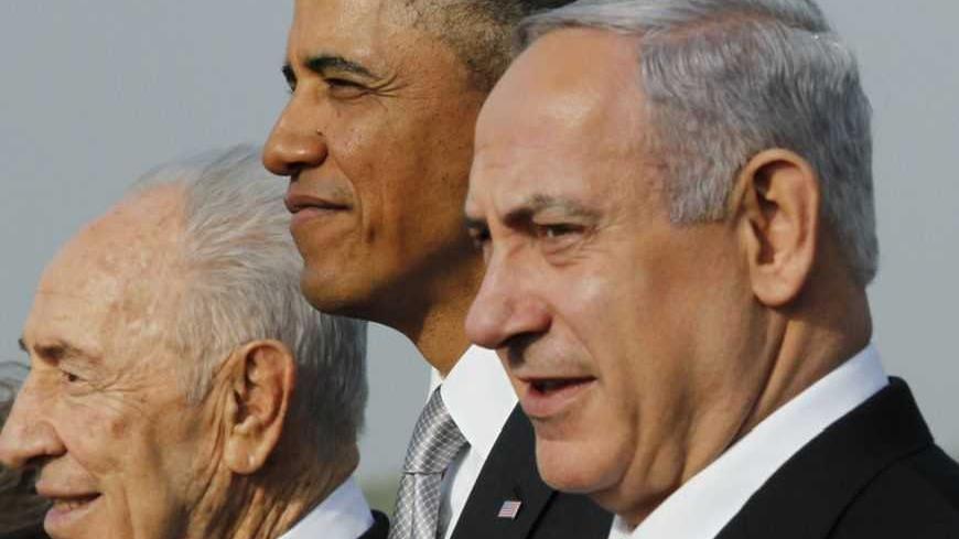 U.S. President Barack Obama (2nd L) participates in a farewell ceremony with Israeli Prime Minister Benjamin Netanyahu (2nd R) and President Shimon Peres (L) at Tel Aviv International Airport, March 22, 2013. REUTERS/Jason Reed (ISRAEL - Tags: POLITICS) - RTR3FBUJ
