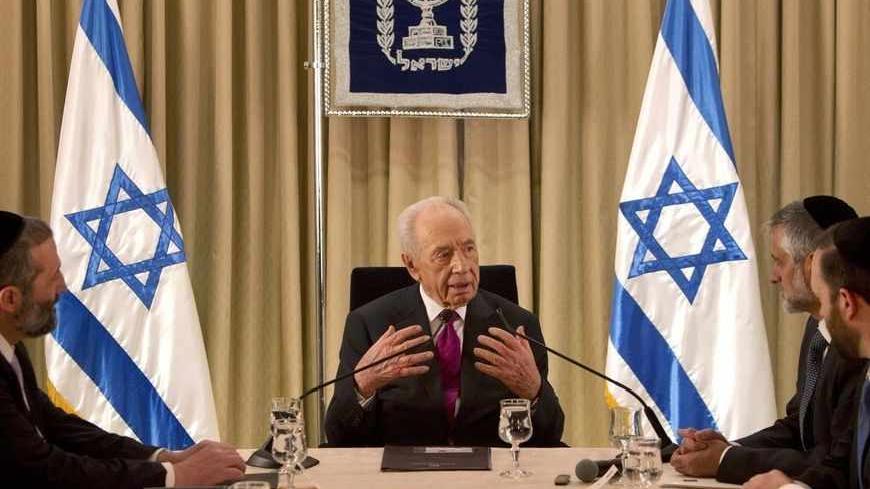 Israel's President Shimon Peres (2nd L) meets Aryeh Deri (L), Eli Yishai and Ariel Attias (R), leaders of the religious Shas party, at his residence in Jerusalem January 31, 2013. Peres began talks with political parties on Wednesday over who should form a new government and appears certain to ask incumbent Prime Minister Benjamin Netanyahu to assemble it. REUTERS/Sebastian Scheiner/Pool (JERUSALEM - Tags: POLITICS ELECTIONS) - RTR3D6U4